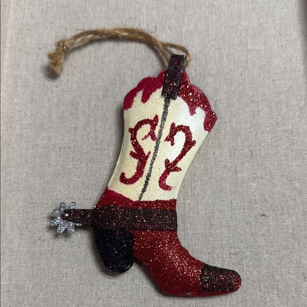 Glitter Cowboy boot Red/Cream‎ Holiday Ornament cute western bling for Christmas